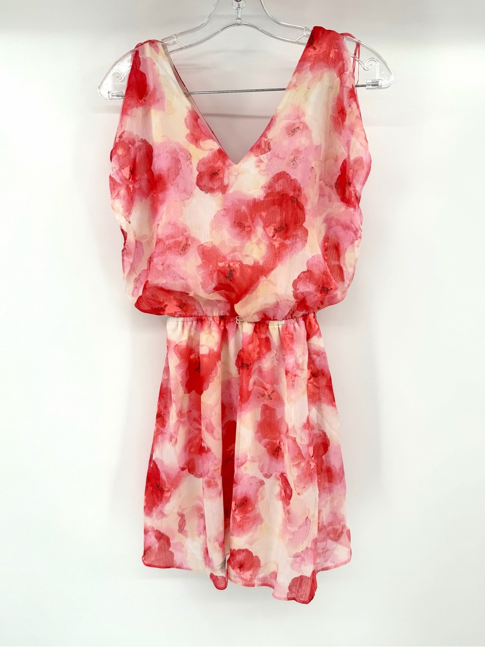 Candies Floral V-Neck Sleeveless Flowy Dress in Red, Pink and Cream